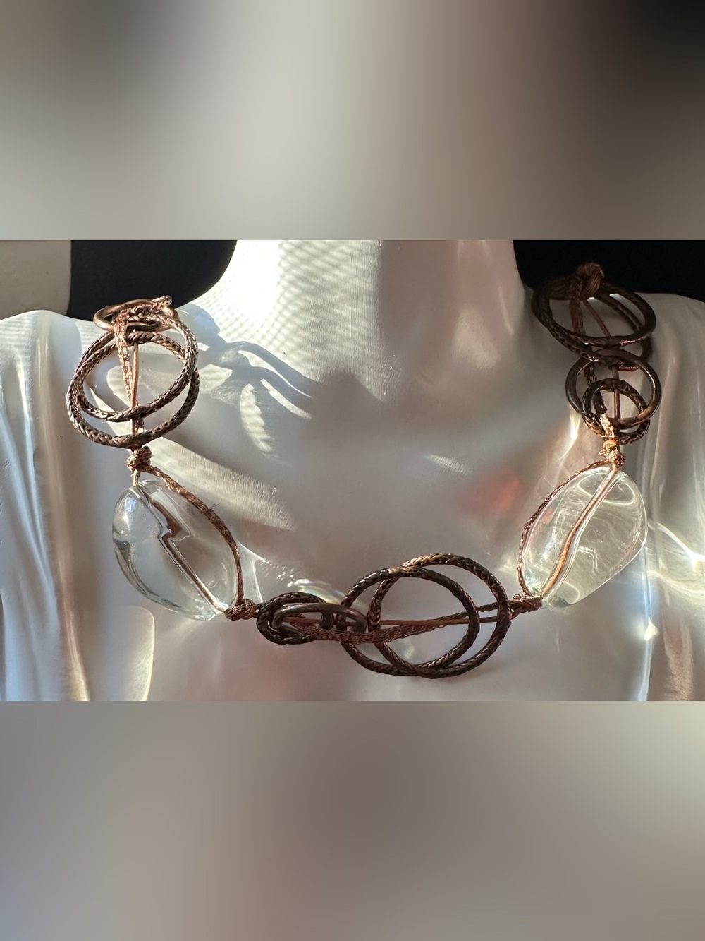 CHICO’S Signed Glass Clear Chunky Beads Hoops Copper Tone. Lobster Claw Clasp.